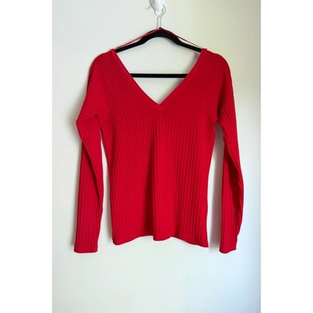 Zara W&B Collection Red Ribbed V-Neck Long Sleeve Top Size Large